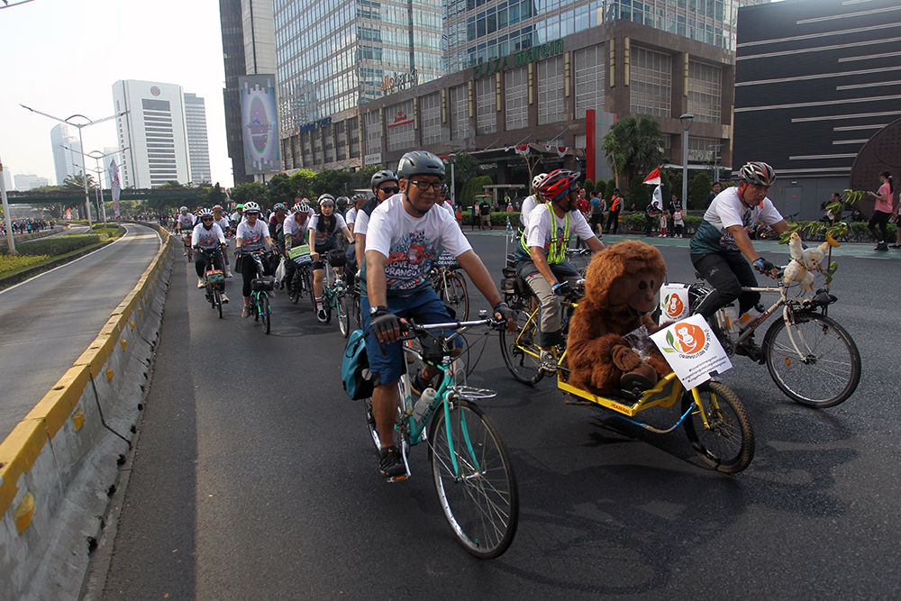 Organsasi Satya Bumi bersama komunitas sepeda dan jurnalis memperigati Hari Orangutan Sedunia. (BeritaNasional/HO Satya Bumi/Jefta Tarigan/Elvis Sendouw)