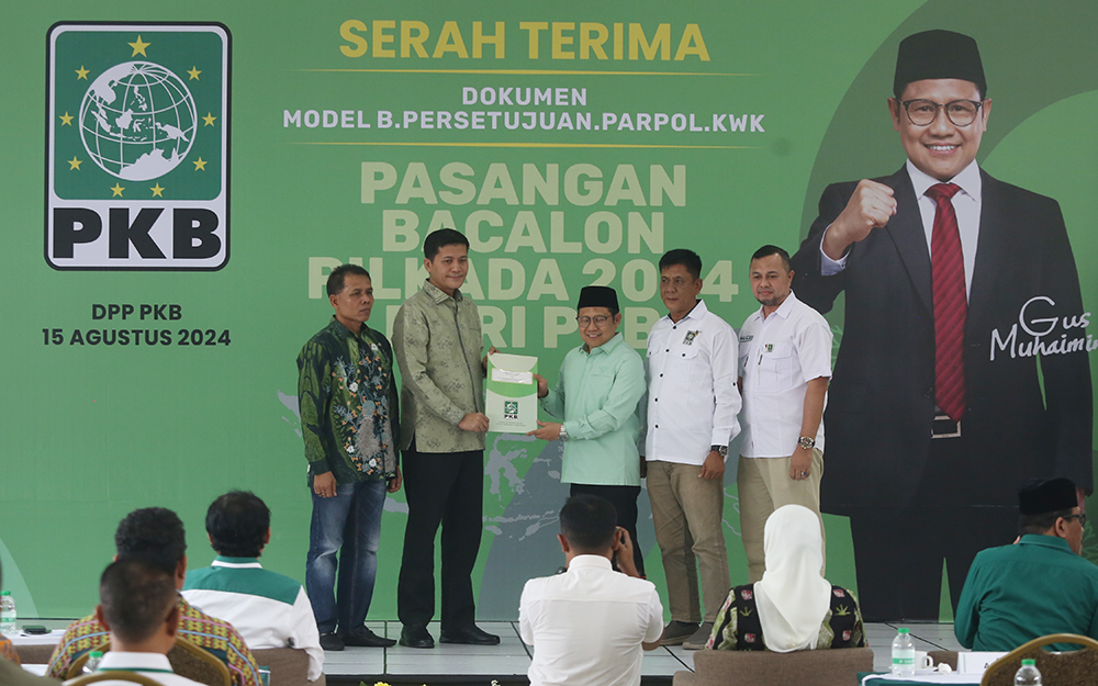 Ketum PKB Muhaimin Iskandar umumkan dukungan bakal calon kepala daerah. (BeritaNasional/Elvis Sendouw)