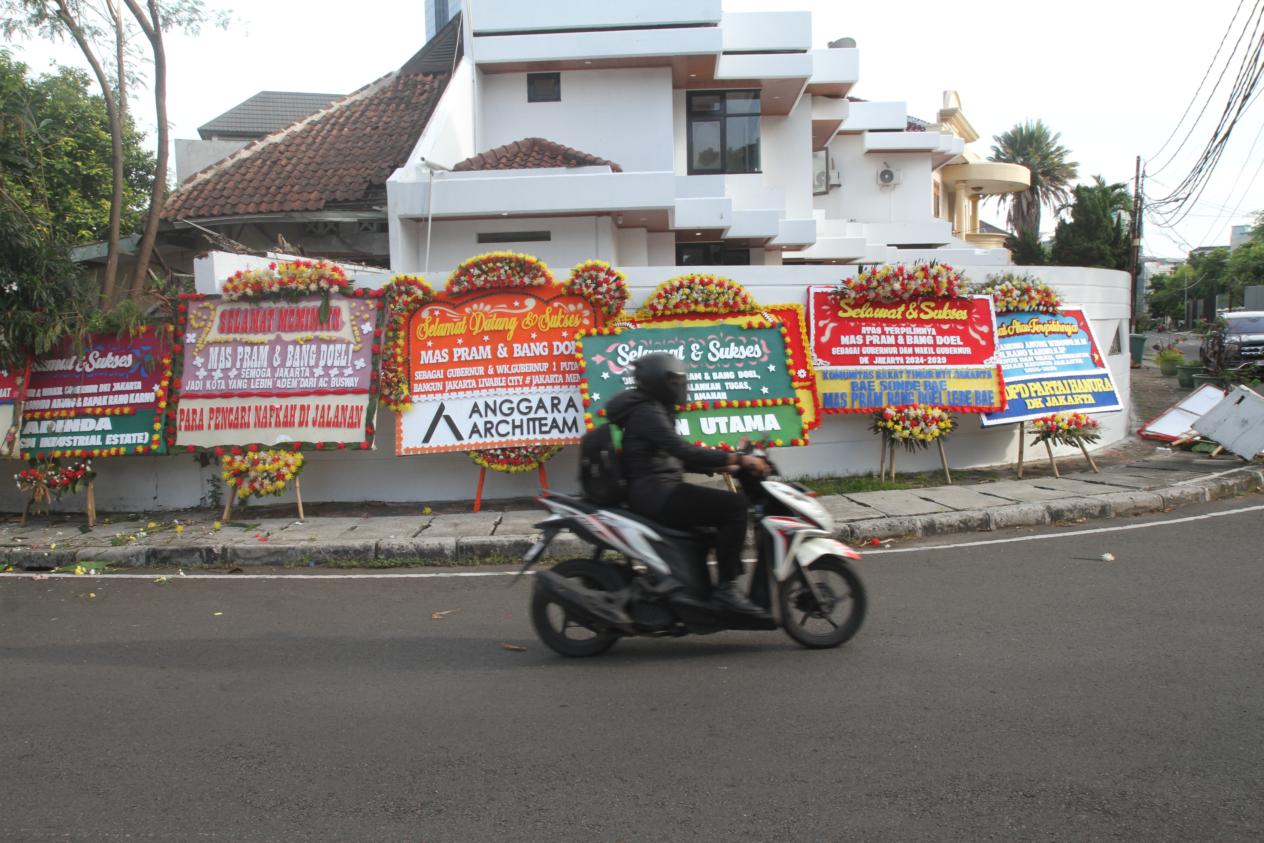 Warga melintasi karang bunga yang berjejer di sekitar Rumah Pemenangan pasangan cagub dan cawagub DKI Jakarta Pramono Anung dan Rano Karno di Jalan Cemara, Jakarta, Minggu(01/12/2024). (BeritaNasional.com/Oke Atmaja)