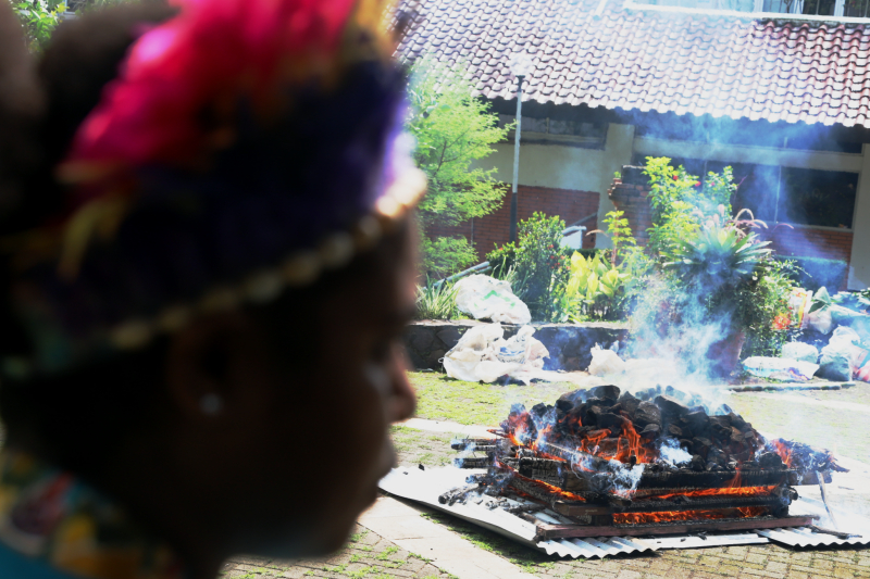 PPKB FIB UI gelar budaya bakar batu Papua. (BeritaNasional/Elvis Sendouw)