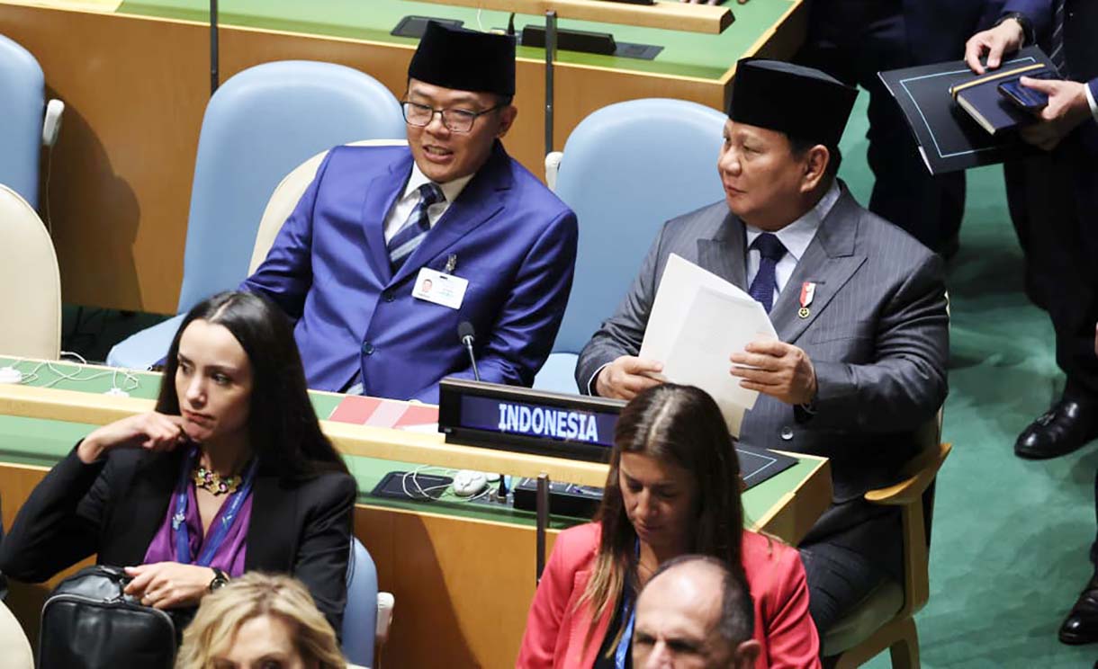 Presiden Prabowo Subianto menyampaikan pandangannya dalam Konferensi Internasional Tingkat Tinggi (KITT) untuk Penyelesaian Damai atas Masalah Palestina dan Implementasi Solusi Dua Negara di Markas Besar Perserikatan Bangsa-Bangsa (PBB), New York, Amerika Serikat, Senin (22/9/2025). (Biro pers)