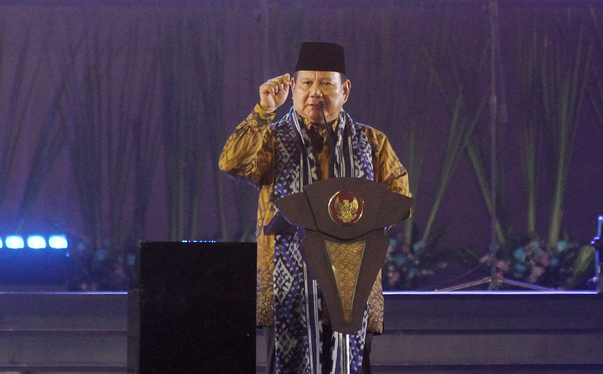 Presiden Prabowo Subianto memberikan sambutannya pada acara Perayaan Natal Nasional 2024 di Indonesia Arena, GBK, Jakarta, Sabtu (28/12/2024).  (BeritaNasional.com/Oke Atmaja)