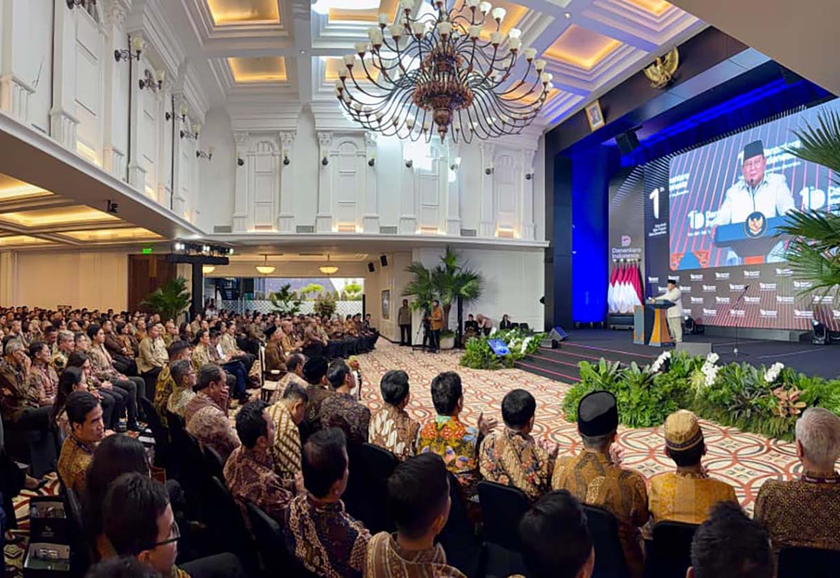 Presiden Prabowo Subianto memberi sambutan saat menghadiri tasyakuran HUT Ke-1 Badan Pengelola Investasi (BPI) Danantara di Wisma Danantara, Jakarta, Rabu (11/3/2026).  (Biropers)