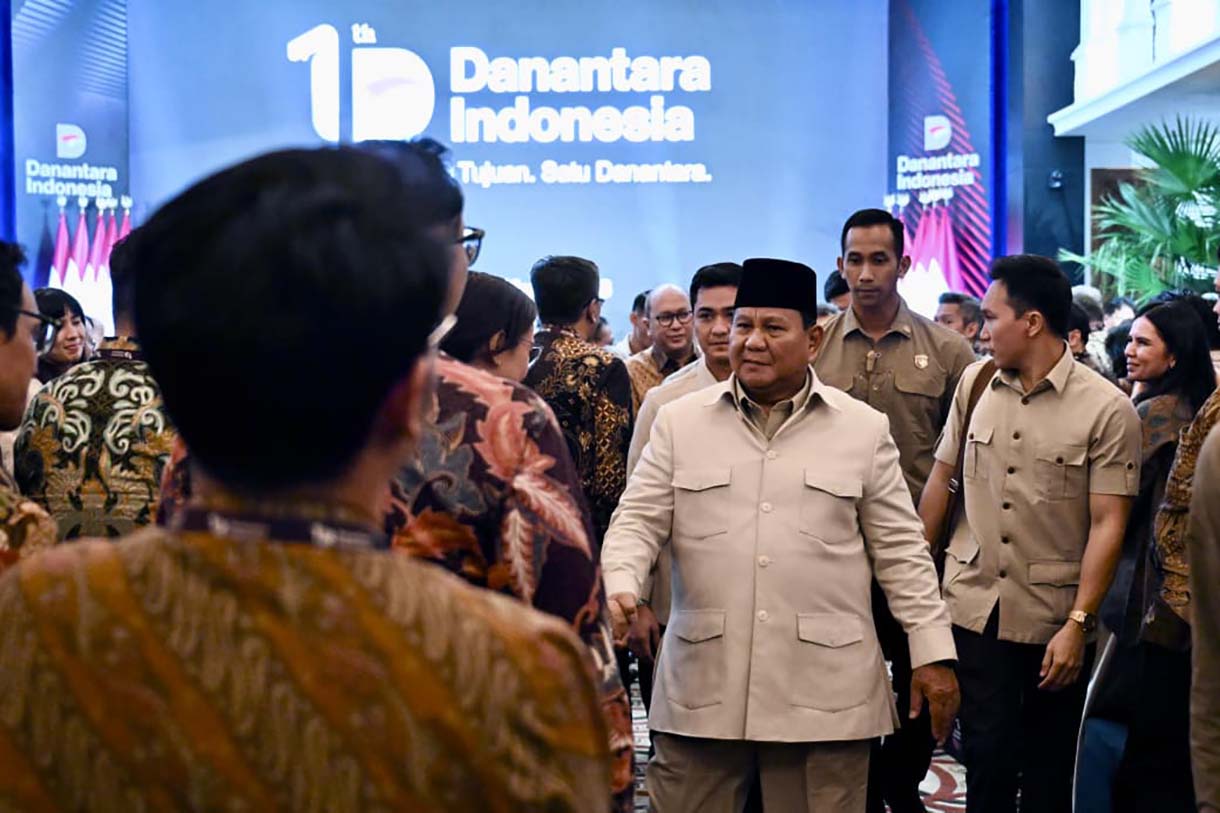 Presiden Prabowo Subianto memberi sambutan saat menghadiri tasyakuran HUT Ke-1 Badan Pengelola Investasi (BPI) Danantara di Wisma Danantara, Jakarta, Rabu (11/3/2026).  (Biropers)