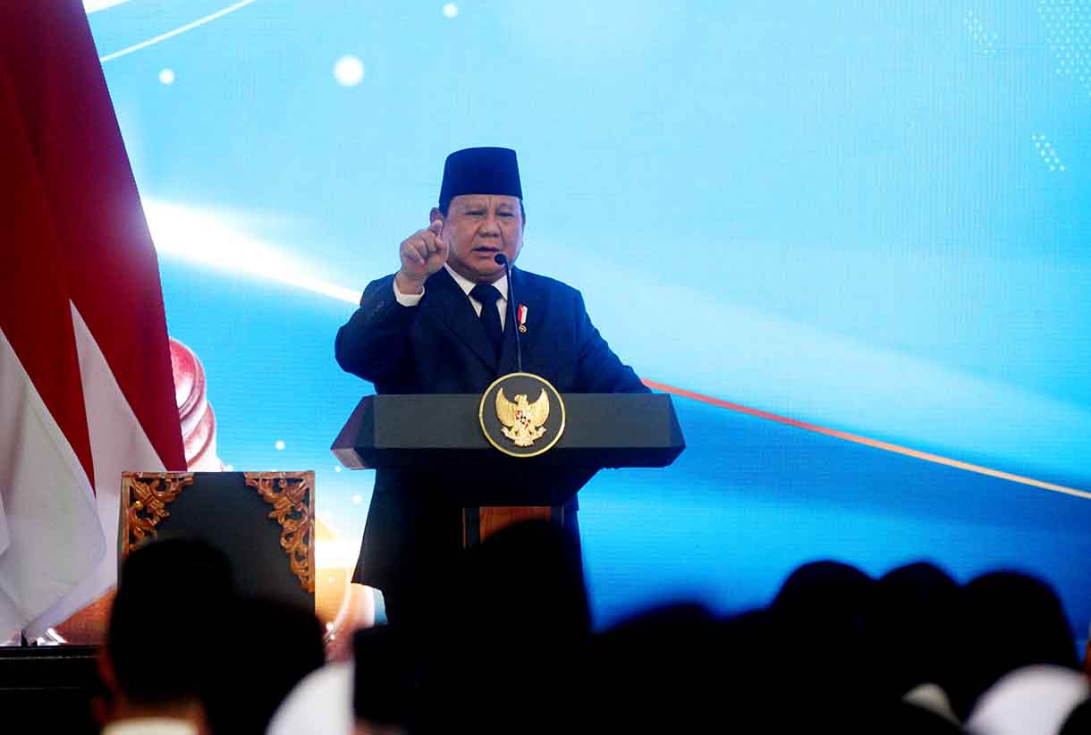 Presiden Prabowo Subianto saat memberikan pidato. (Beritanasional.com/Oke Atmaja)