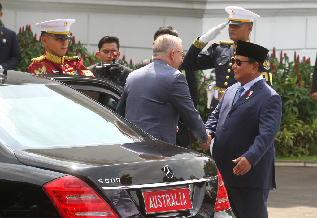 Presiden Prabowo Menerima Kunjungan PM Australia Presiden Prabowo Subianto (kiri) dan Perdana Menteri Australia Anthony Albanese (kanan) memeriksa pasukan saat kunjungan kenegaraan di Istana Merdeka, Jakarta, Jakarta, Kamis (15/5/2025). (Beritanasional.com/Oke Atmaja)