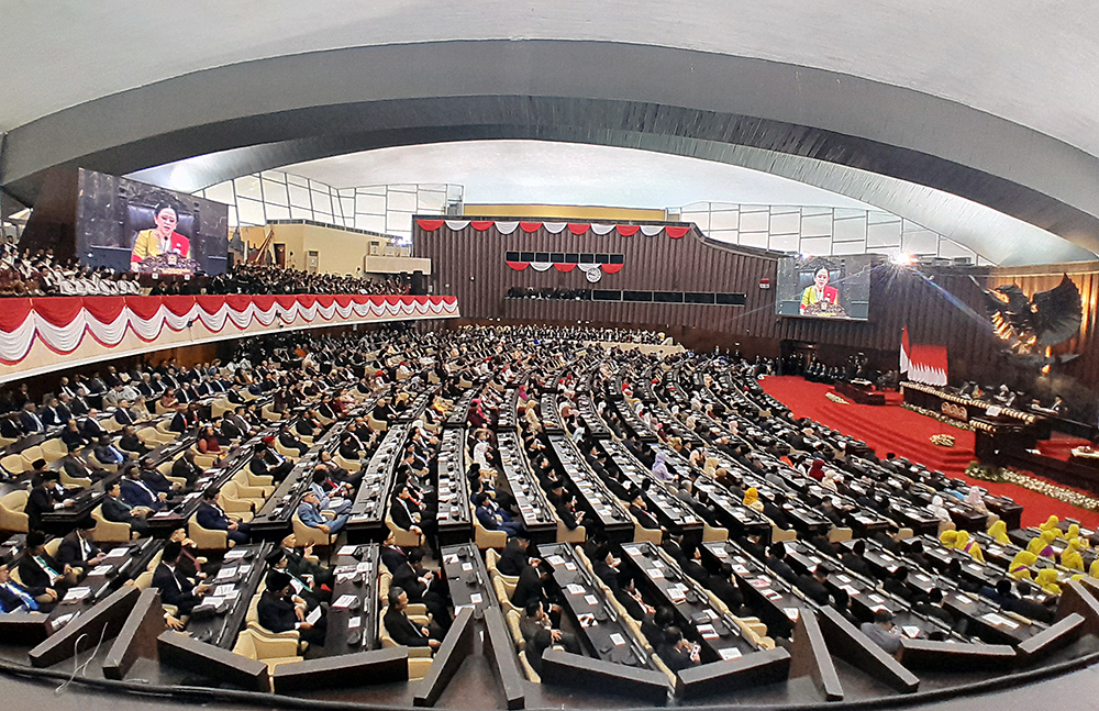 Presiden RI Prabowo Subianto menyampaikan pidato Sidang Tahunan MPR RI dan Sidang Bersama DPR-DPD RI Tahun 2025. (BeritaNasional/Elvis Sendouw)