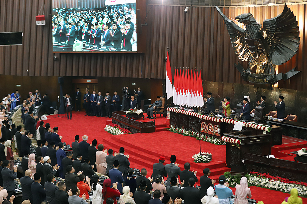 Presiden RI Prabowo Subianto menyampaikan pidato Sidang Tahunan MPR RI dan Sidang Bersama DPR-DPD RI Tahun 2025. (BeritaNasional/Elvis Sendouw)