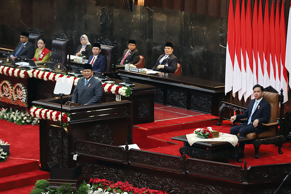 Presiden RI Prabowo Subianto menyampaikan pidato Sidang Tahunan MPR RI dan Sidang Bersama DPR-DPD RI Tahun 2025. (BeritaNasional/Elvis Sendouw)