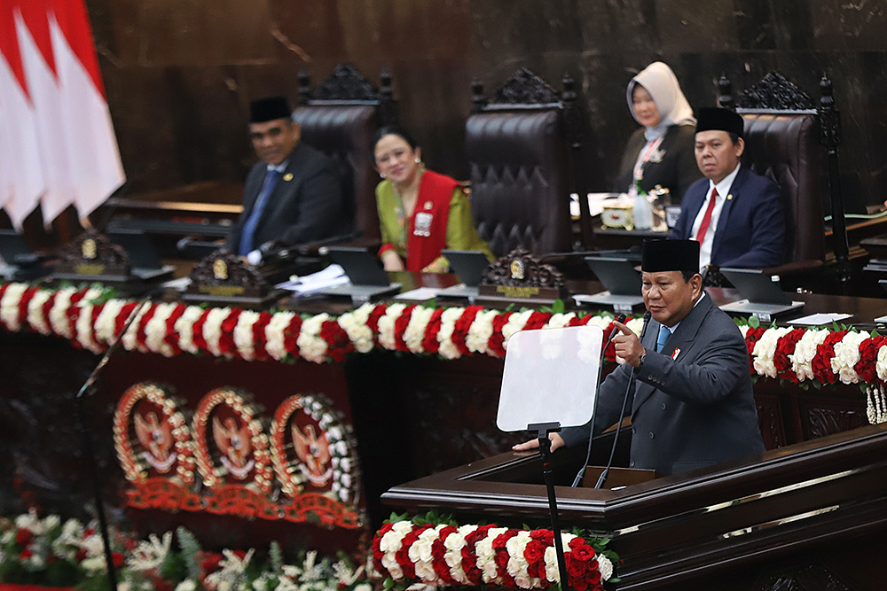 Presiden RI Prabowo Subianto menyampaikan pidato Sidang Tahunan MPR RI dan Sidang Bersama DPR-DPD RI Tahun 2025. (BeritaNasional/Elvis Sendouw)