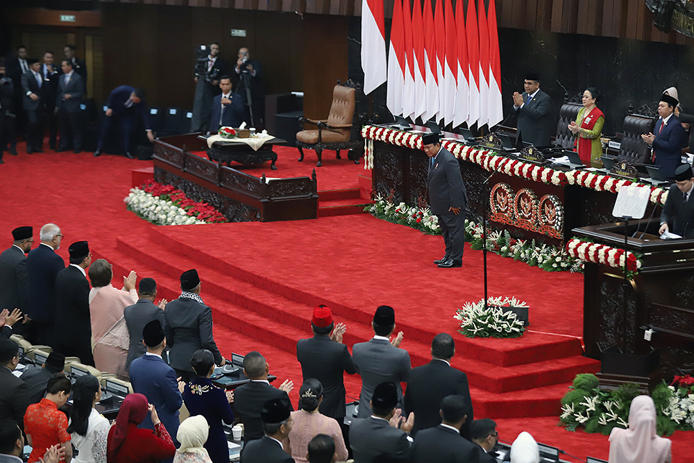 Presiden RI Prabowo Subianto menyampaikan pidato Sidang Tahunan MPR RI dan Sidang Bersama DPR-DPD RI Tahun 2025. (BeritaNasional/Elvis Sendouw)