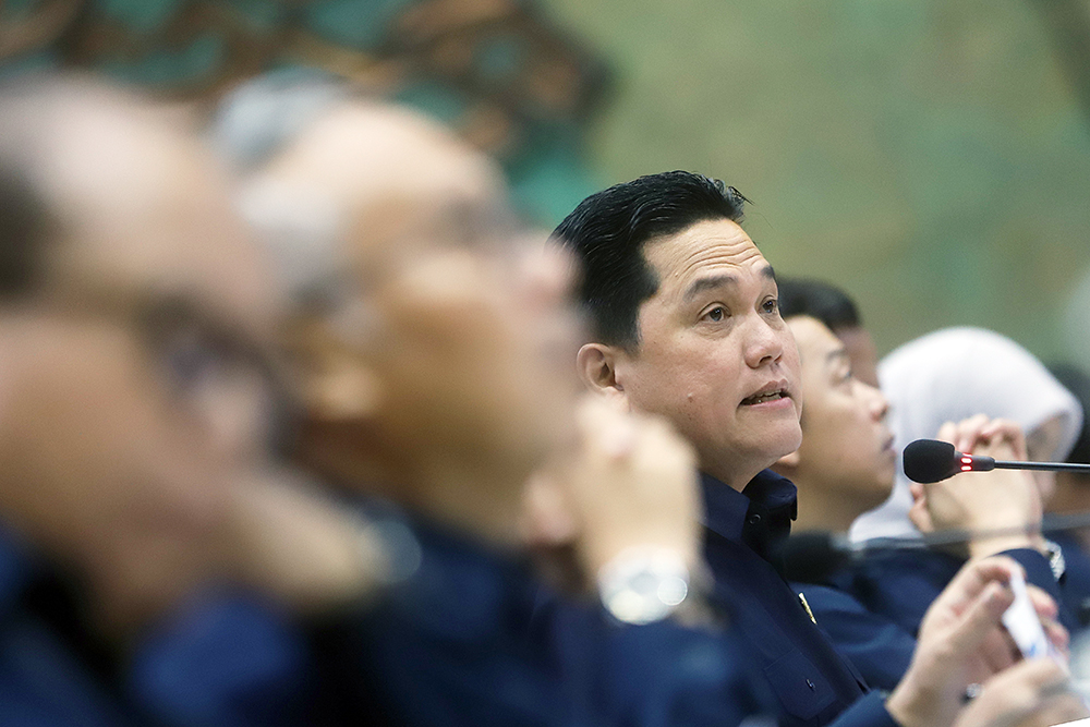 Menteri Pemuda dan Olahraga (Menpora) Erick Thohir menyampaikan paparan kerja pada rapat kerja (raker) bersama Komisi X DPR di Kompleks Parlemen, Senayan, Jakarta. (BeritaNasional/Elvis Sendouw)