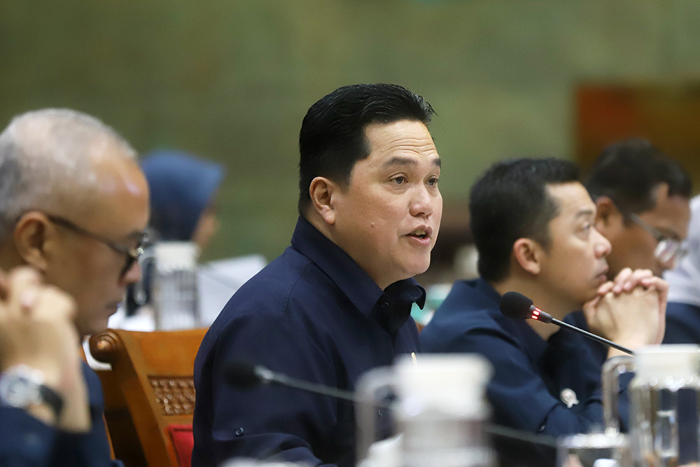 Menteri Pemuda dan Olahraga (Menpora) Erick Thohir menyampaikan paparan kerja pada rapat kerja (raker) bersama Komisi X DPR di Kompleks Parlemen, Senayan, Jakarta. (BeritaNasional/Elvis Sendouw)
