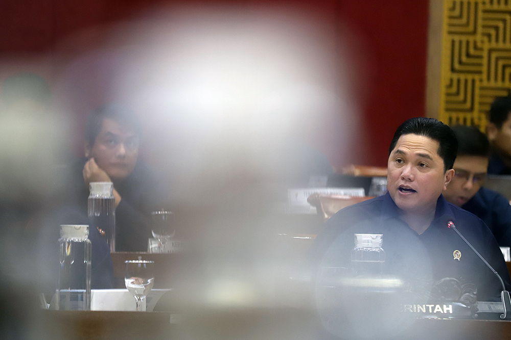 Menteri Pemuda dan Olahraga (Menpora) Erick Thohir menyampaikan paparan kerja pada rapat kerja (raker) bersama Komisi X DPR di Kompleks Parlemen, Senayan, Jakarta. (BeritaNasional/Elvis Sendouw)