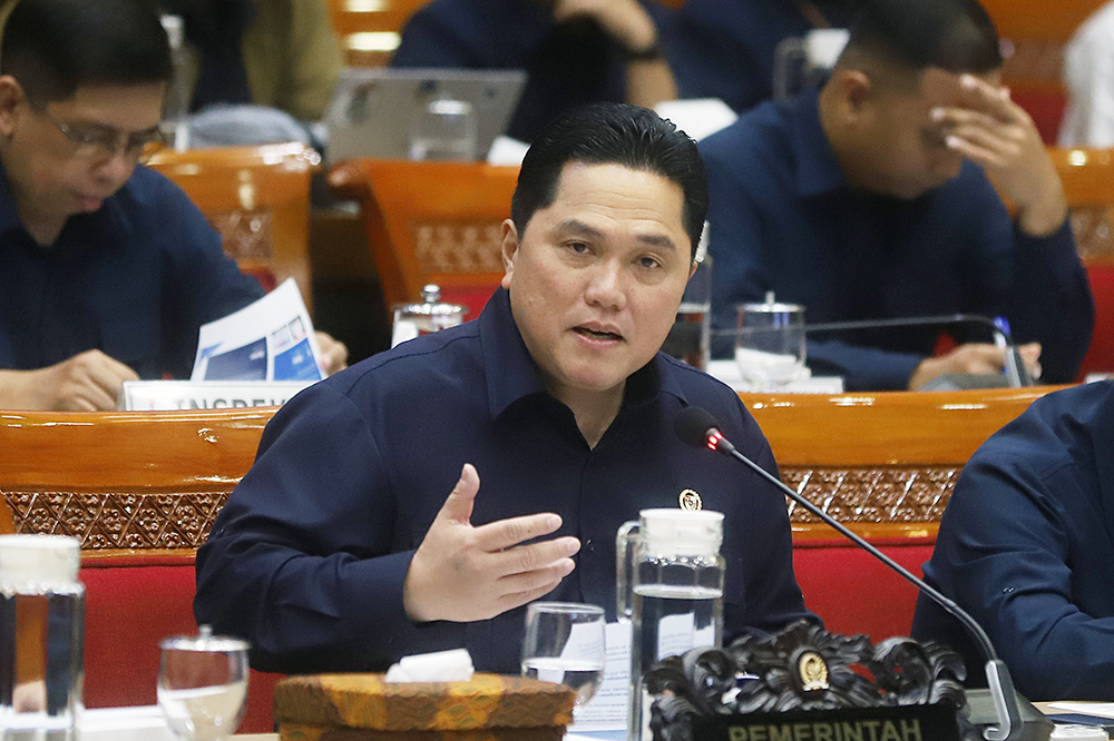 Menteri Pemuda dan Olahraga (Menpora) Erick Thohir menyampaikan paparan kerja pada rapat kerja (raker) bersama Komisi X DPR di Kompleks Parlemen, Senayan, Jakarta. (BeritaNasional/Elvis Sendouw)