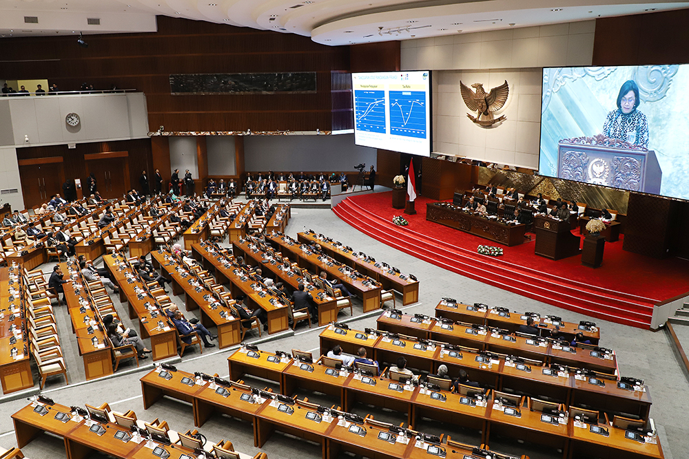 Rapat Paripurna DPR ke-24 Tanggapan Pemerintah Atas RUU Pertanggungjawaban Pelaksanaan APBN 2024 Rapat Paripurna DPR ke-24 Masa Persidangan IV Tahun Sidang 2024-2025 di Kompleks Parlemen, Senayan, Jakarta, Selasa (15/7/2025). (BeritaNasional/Elvis Sendouw)