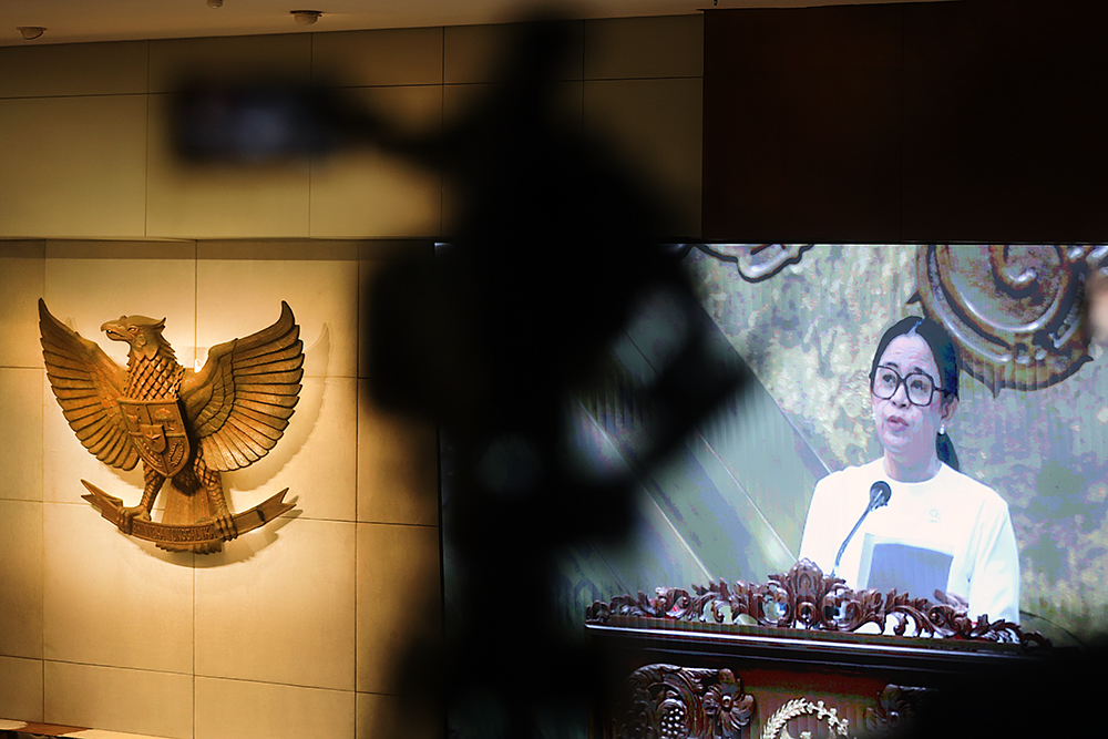 Ketua DPR Puan Maharani menyampaikan pidato pada Rapat Paripurna Ke-11 Masa Persidangan III Tahun Sidang 2025-2026. (BeritaNasional/Elvis Sendouw)