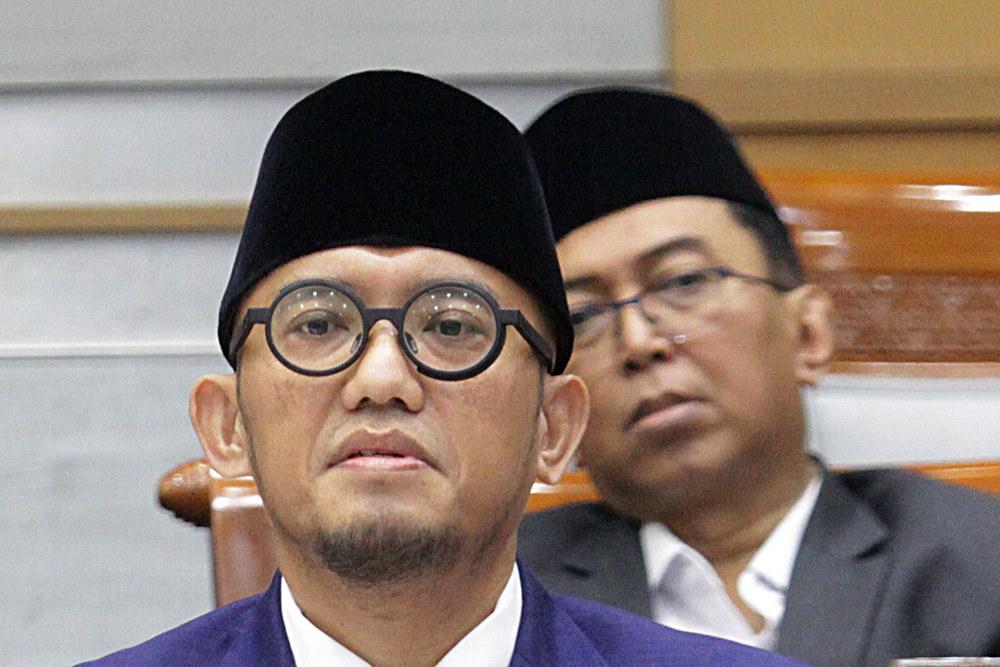 RDP Komisi VIII DPR Bersama  Kementerian Haji dan Umrah Bahas BPIH 2026 Menteri Haji dan Umrah Mochamad Irfan Yusuf (kiri) dan Wakil Menteri Haji dan Umrah Dahnil Anzar Simanjuntak  menghadiri Rapat Kerja dengan Komisi VIII DPR. (BeritaNasional/Elvis Sendouw)