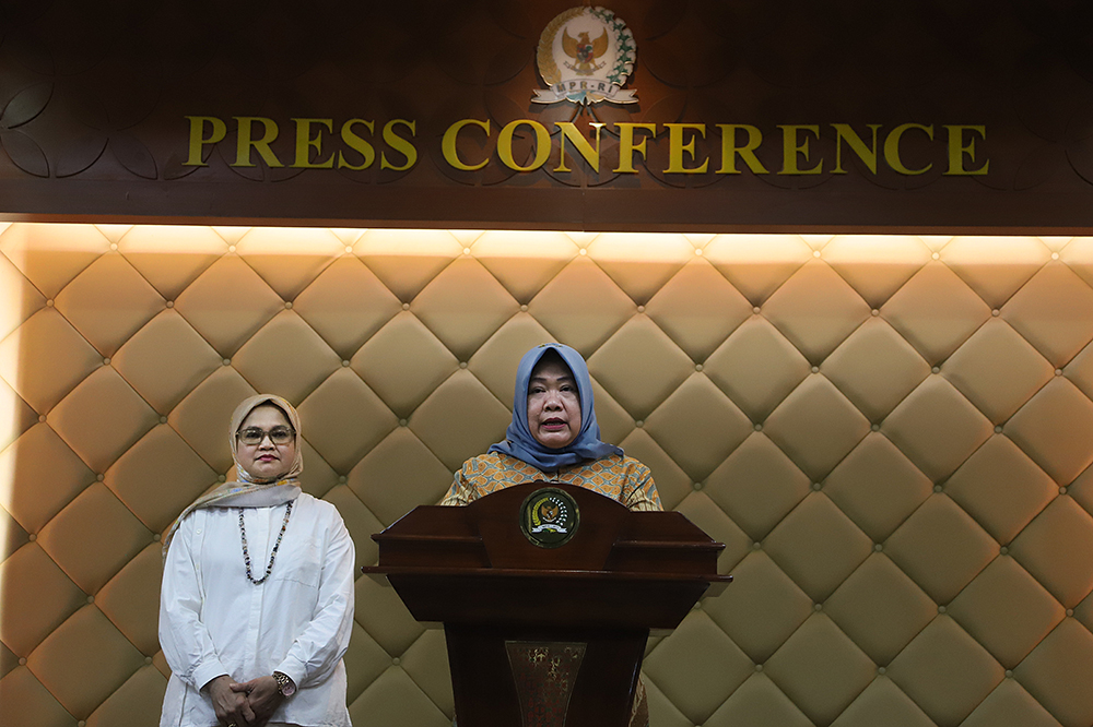 Sekretaris Jenderal (Sekjen) MPR RI Siti Fauziah memberikan keterangan agenda acara Sidang Tahunan MPR RI 2025 . (BeritaNasional/Elvis Sendouw)