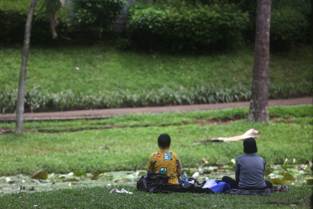 Tiga Taman di Jakarta akan Menjadi Taman ASEAN Anak-anak bermain ayunan di Taman Langsat, Jakarta, Jumat (18/4/2925).(Beritanasional.com/Oke Atmaja)